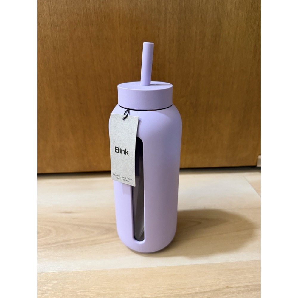 NWT Bink Bottle 36oz Glass Water Bottle Purple Silicone Sleeve with Straw
